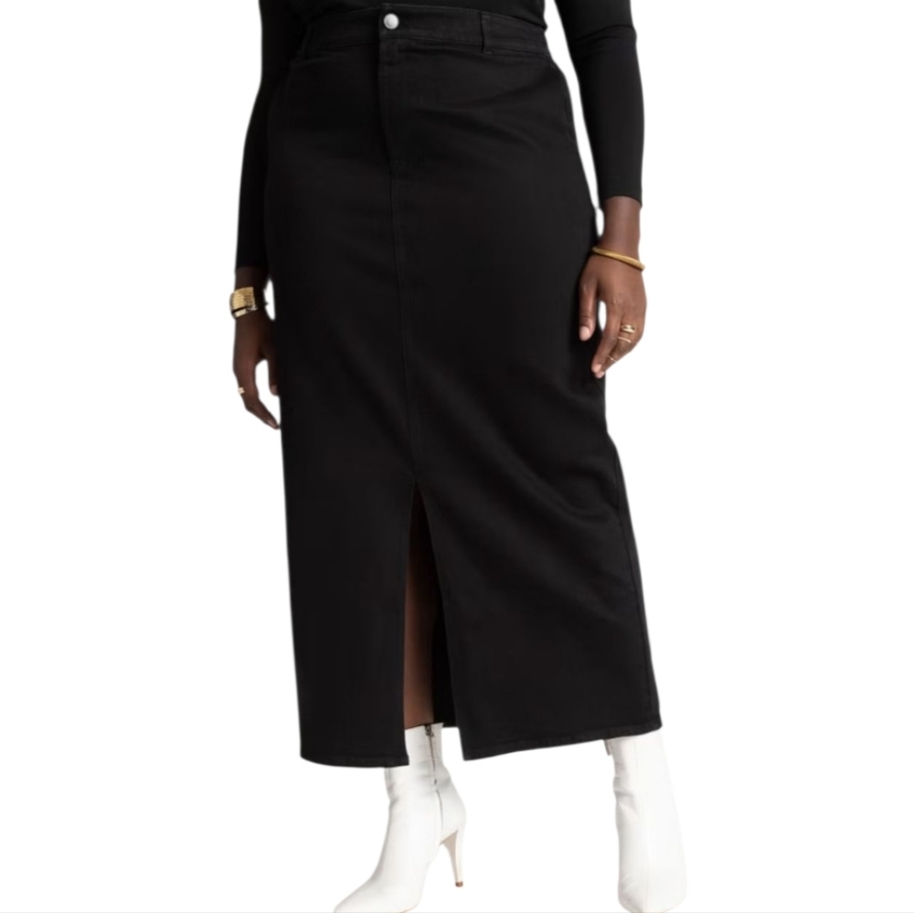 Eloquii Chic Denim Jean Front Slit‎ Black Midi Skirt for Women Plus Size 22